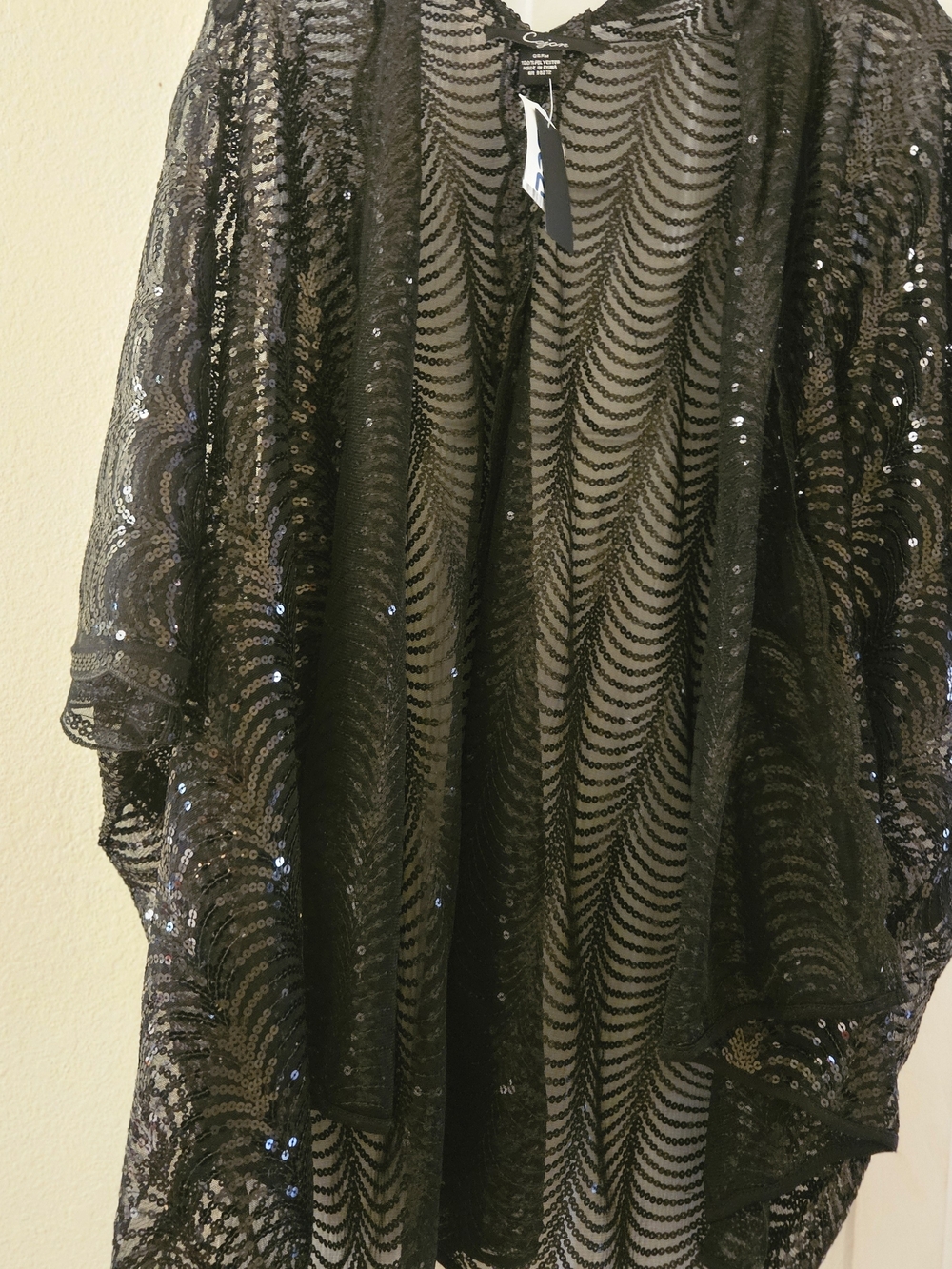 NWT Cejon Event Black Glam Formal Sequin Mesh Kimono Cape Wrap Cardigan Oversize - Picture 5 of 11